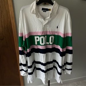 NEW POLO RALPH LAUREN sz 2XL White Rugby Long Sleeve Polo Shirt Striped $148